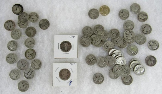 Large Lot (60) Vintage US 90% Silver Quarters. Barber, Liberty, Washington ($15.00 Face)