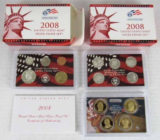 Lot (2) 2008 US 90% Silver Proof Sets w/ Dollars