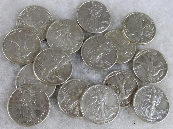 Lot (15) Mixed Date 1940's Walking Liberty Silver Half Dollars