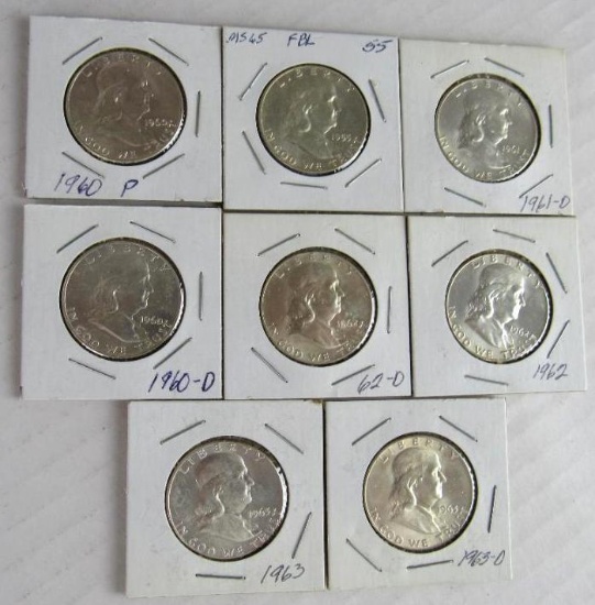 Lot (8) Mixed Date 1960's Franklin Silver Half Dollars