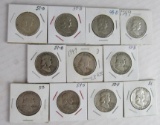 Lot (11) Mixed Date Franklin Silver Half Dollars