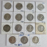 Lot (15) 1937-1947 Mixed Date Walking Liberty Silver Half Dollars