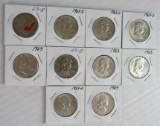 Lot (10) 1963 & 1963-D Franklin Silver Half Dollars