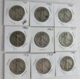 Lot (9) 1917-1920 Walking Liberty Silver Half Dollars