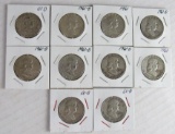 Lot (10) 1960, 1960-D, 1961, & 1961-D Franklin Silver Half Dollars