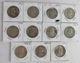 Lot (11) 1953-D, 1954, 1954-D Franklin Silver Half Dollars