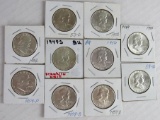 Lot (10) Mixed Date 1950's Franklin Silver Half Dollars