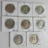 Lot (8) Mixed Date 1960's Franklin Silver Half Dollars