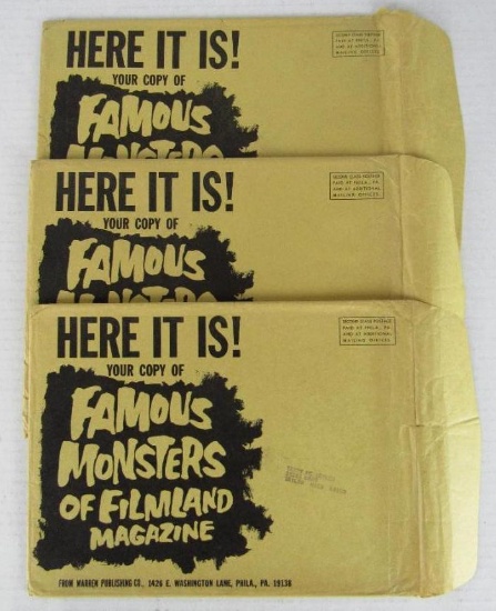 Lot (3) Rare Original 1960's Famous Monsters of Filmland Mailing Envelopes- Warren Pub