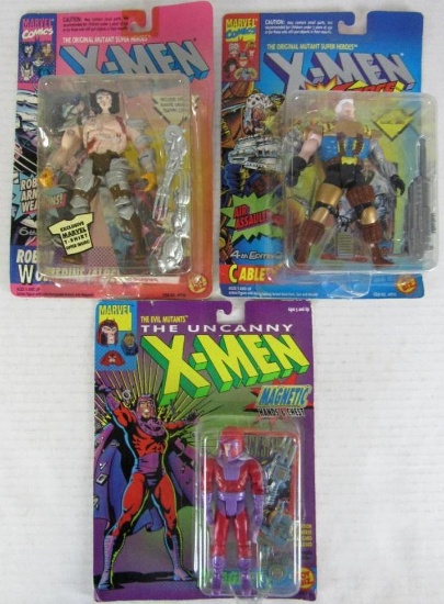 Lot (3) Vintage 1990's Toybiz X-Men Action Figures MOC. Wolverine, Cable, Magneto