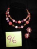 Pink beaded necklace and clip earrings