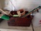 Primitive advertising box & contents: cleaning brushes, fair canes, flower