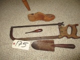 Antique Tools- Hacksaw, Trowl, Screwdriver, Shoe Mold