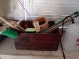 Primitive advertising box & contents: cleaning brushes, fair canes, flower