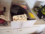 Box of misc. tools, corner kushions, laser level