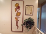 Wall décor: Framed fabric floral, greenery, & framed 