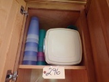 Contents of shelf: plasticware, cups & bowls