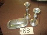 Pewter Butterdish & (2) Candlesticks