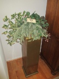 Brass Planter, Artificial Tree, Floor Lamp, And Mirrored Room Divider