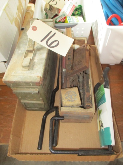 Ammo box, antique door hardware, power equip. hooks