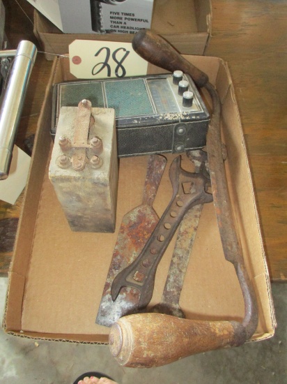 Sears AM/FM transistor radio, antique wrenches, draw knife