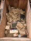 Crate of bags, small black pipe fittings, hardware