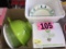 Box of colanders, super slicer, & paper plates