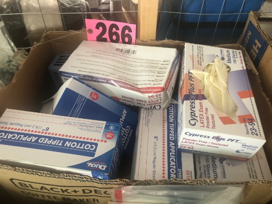 Box of latex exam gloves & cotton tip applicators