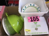 Box of colanders, super slicer, & paper plates