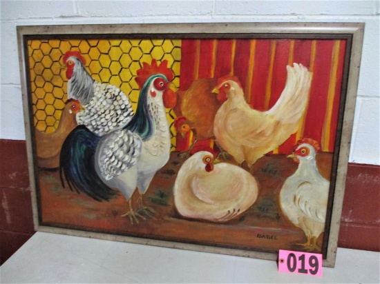 "Bunch of Chickens" acrylic on canvas, 27in x 39in, artist signed Isabel Cu