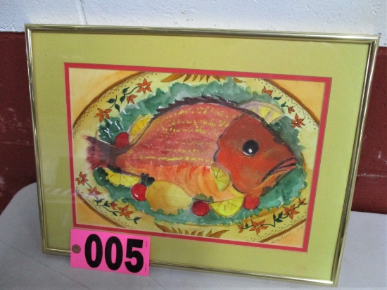 Fish Plate, 13.5in x 17in, watercolor, framed, mated, underglass, artist si