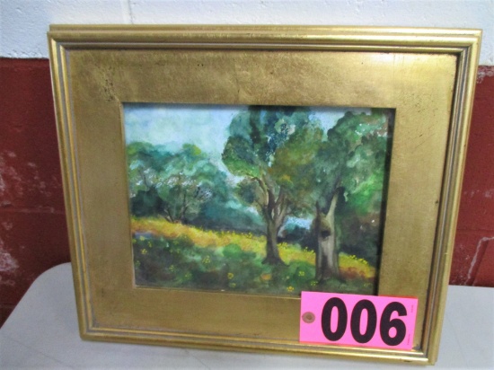 Wood scene watercolor, 14in x 16in, framed, under glass, artist signed Isab