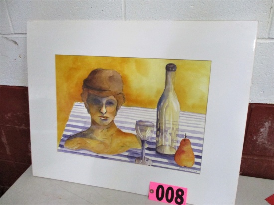 Bust & bottle watercolor, 19.5in x 13.5in, mounted, artist signed Isabel Cu