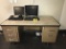 Metal desk w/ (2) monitors, (2) keyboards, (1) mouse