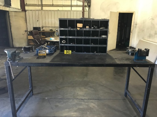 Steel work bench w/ vices 7ft x 32in, tool cabinet & contents