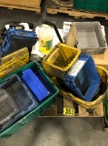 Pallet w/ cleaning supplies & plastic tubs