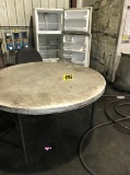 Fiberglass round table, refrigerator, & (3) chairs