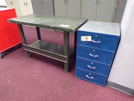 Small 4 drawer file cabinet & 4ft. x 2ft. metal table