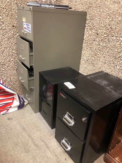 3pcs: 1) 4 drawer file cabinet, 1) 2 drawer file cab, 1) Fire King safe
