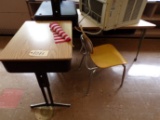 Child desk, chair, flag