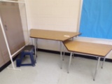(2) Trapezoid tables, step stool, pbc rack