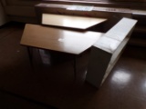 (2) Trapezoid tables and white bookcase