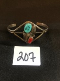 Sterling silver turquoise and coral Indian cuff bracelet