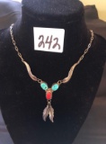 Sterling silver turquoise & coral 20in Indian necklace