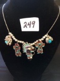 Zuni sterling silver and coral/turquoise Indian charm necklace, 24in