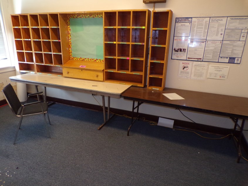 Pigeon hole wood mailbox 11ft x 4ft, (2) tables, Proxibid