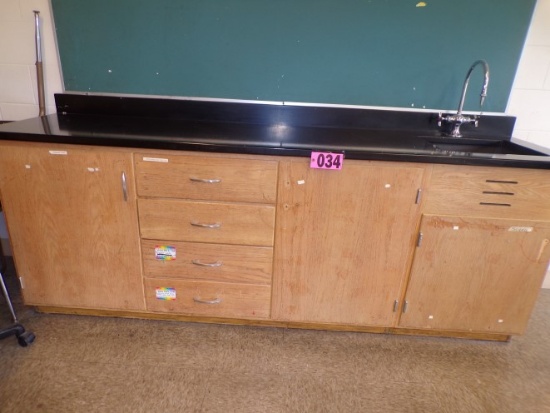 Oak science cabinet & credenza w/ solid surface sink top 8ft x 2ft (Rm 302)