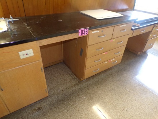 12ft x 30in Oak science cabinet & credenza w/ solid surface top (Rm 302)