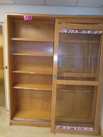 Oak display cabinet w/ sliding glass doors 7ft x 5.5ft w/ pencil sharpener