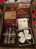 Vintage books, shot glass set, & 4 leaf clover